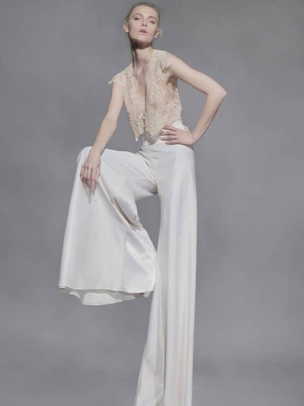 wedding dress jumpsuit with bell trousers