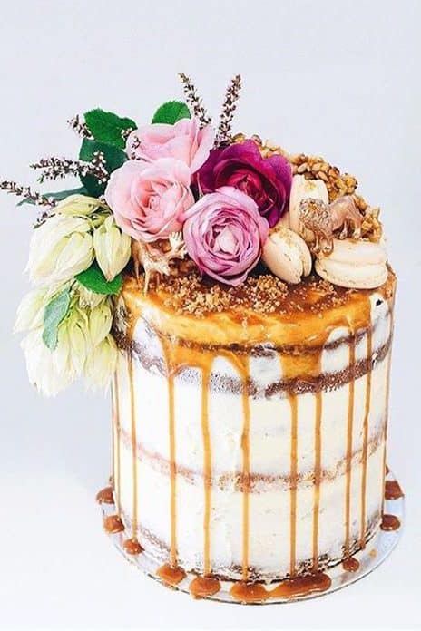 wedding cake with caramel and flowers