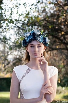 bride with flower head piece in blue colors