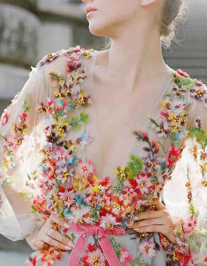 wedding dress with embossed colourful flowers