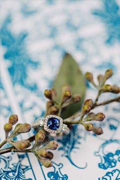 wedding ring with blue diamond in a china blue background