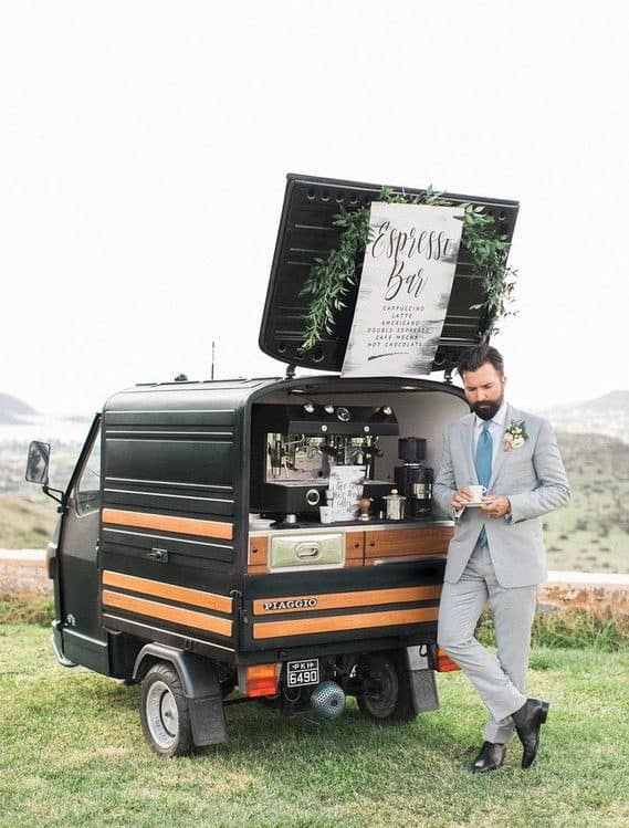 wedding-dinner-foodstations-3 groom at the espresso bar drinking coffee