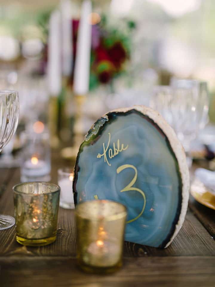 wedding dinner table numbering blue agate with a gold calligraphic number