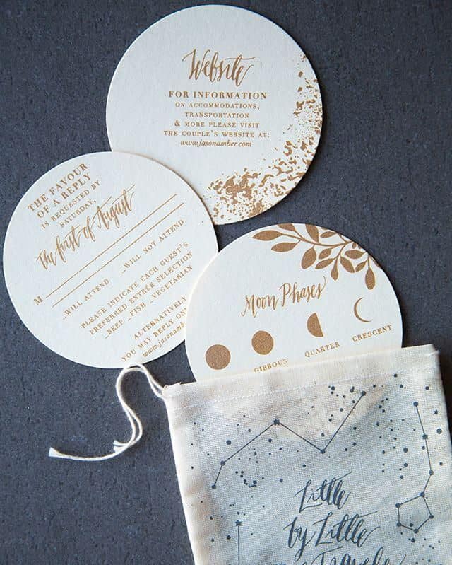 circle wedding invitation in fabric pouch