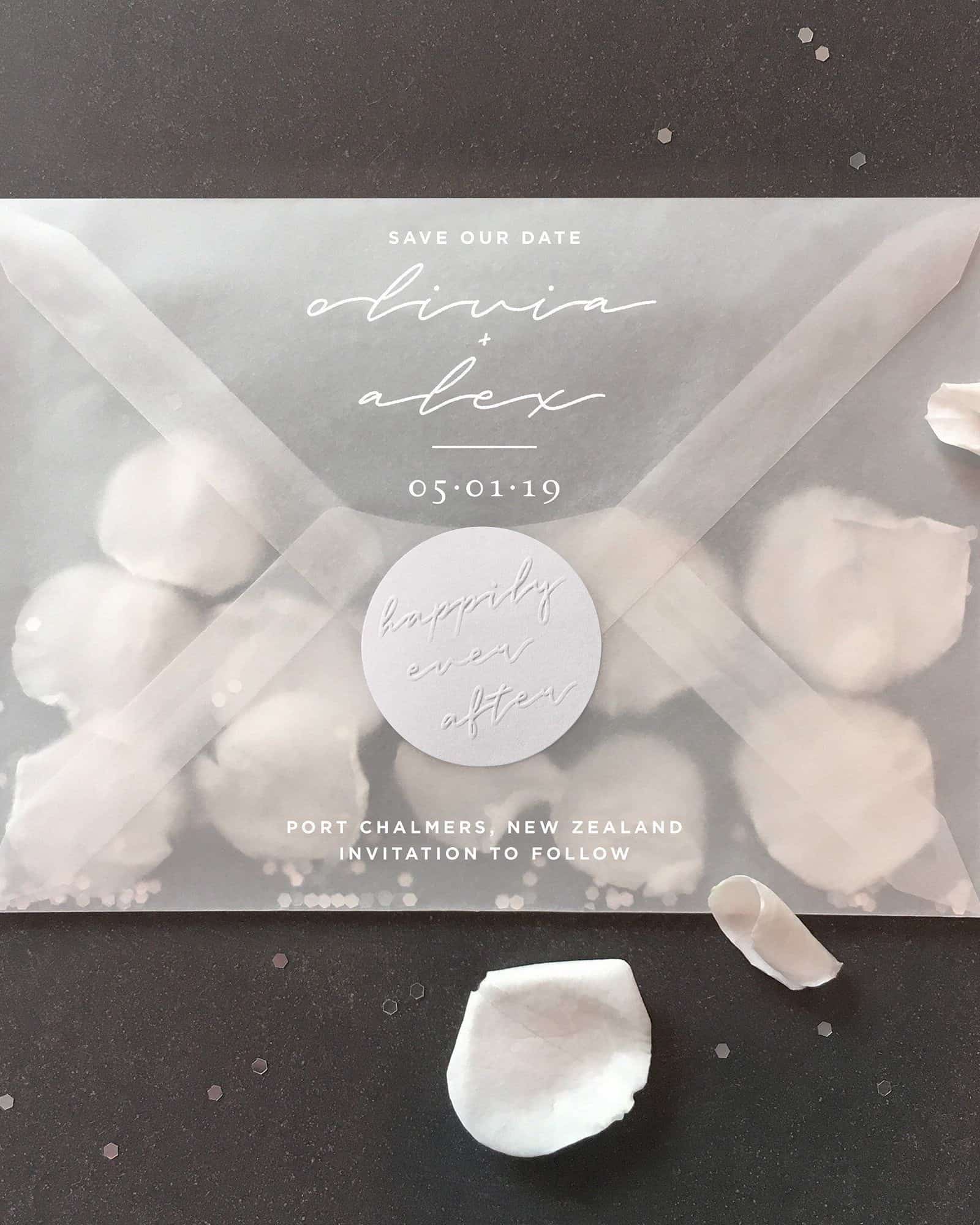 wedding save the date invitation with tracing paper envelope