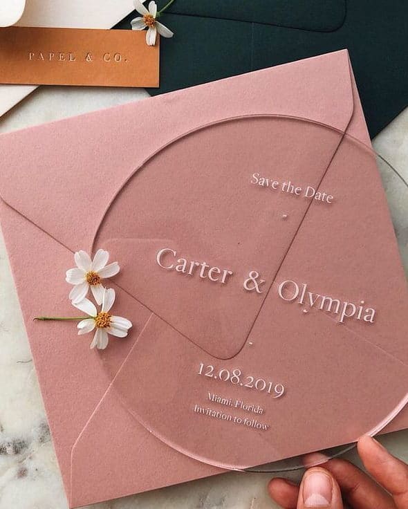 circle plexiglass save the date invitation with pink envelope