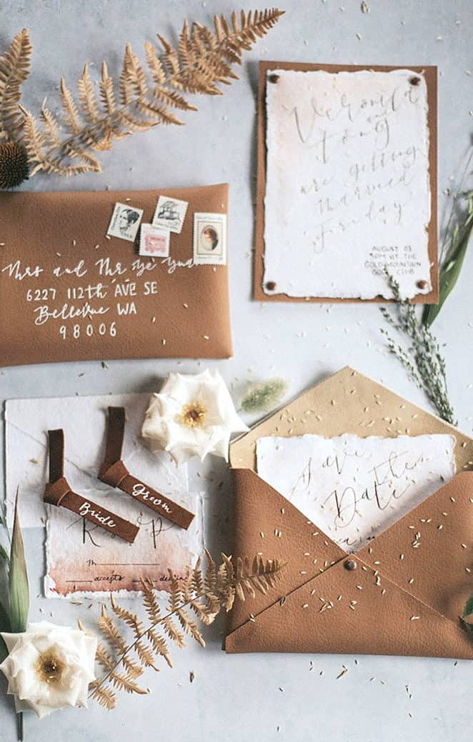 wedding invitation from recycled paper with leather envelope