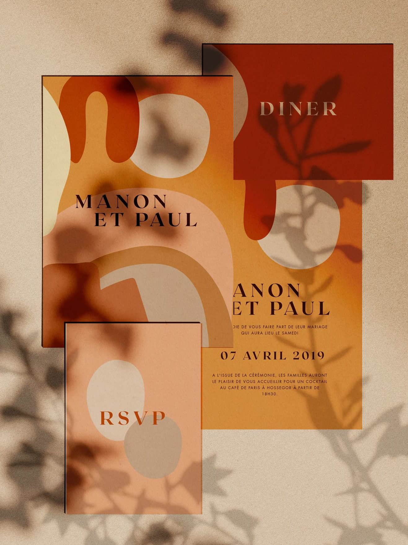 μοντέρα γαμήλια πρόσκληση με αποχρώσεις πορτοκαλί και κίτρινο